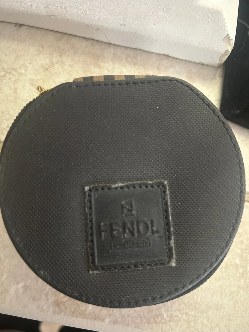 Fendi Black Round Zip Coin Case with Branded Patch